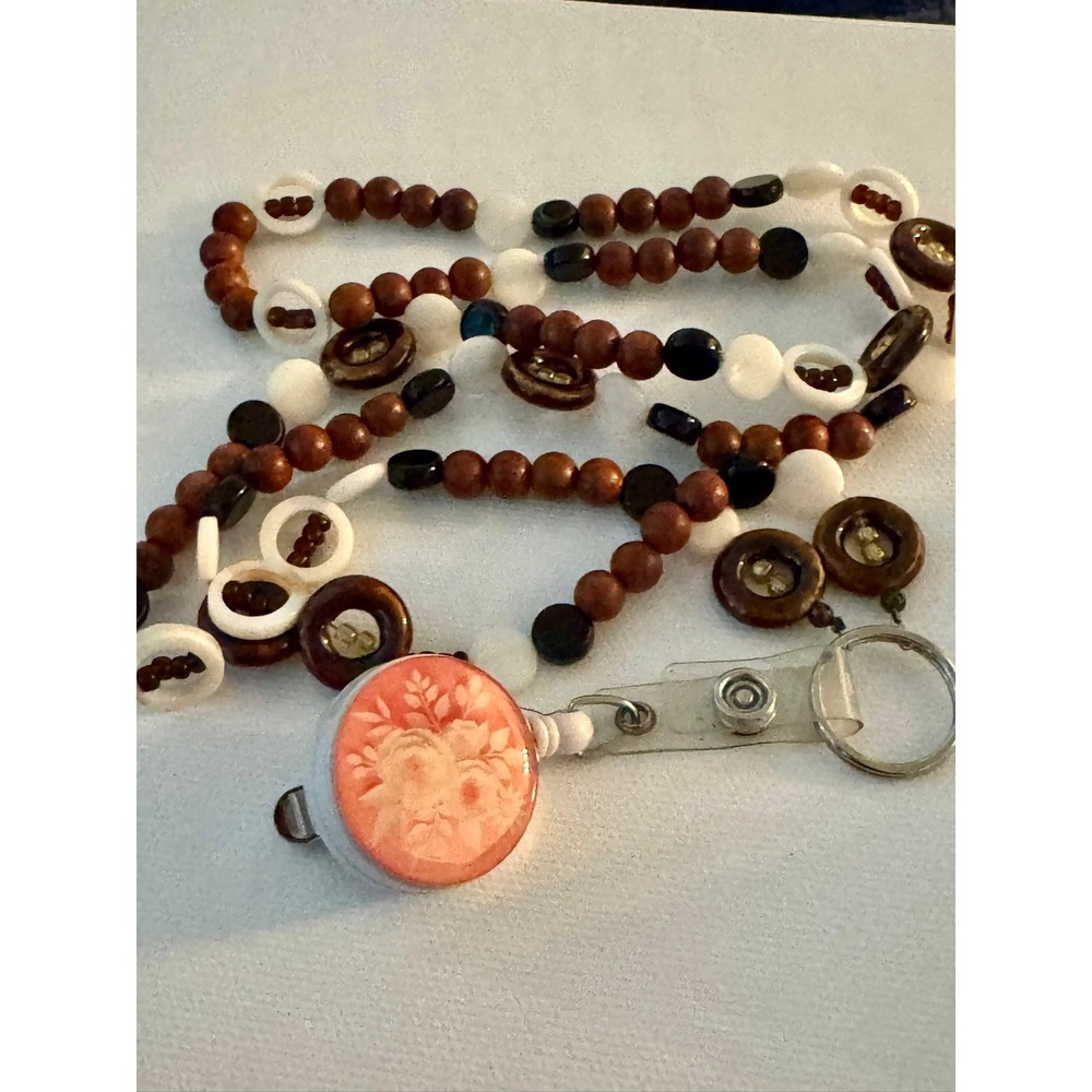 Beaded Lanyard Necklace Badge Reel Pink Floral Cameo Wood Beads Boho